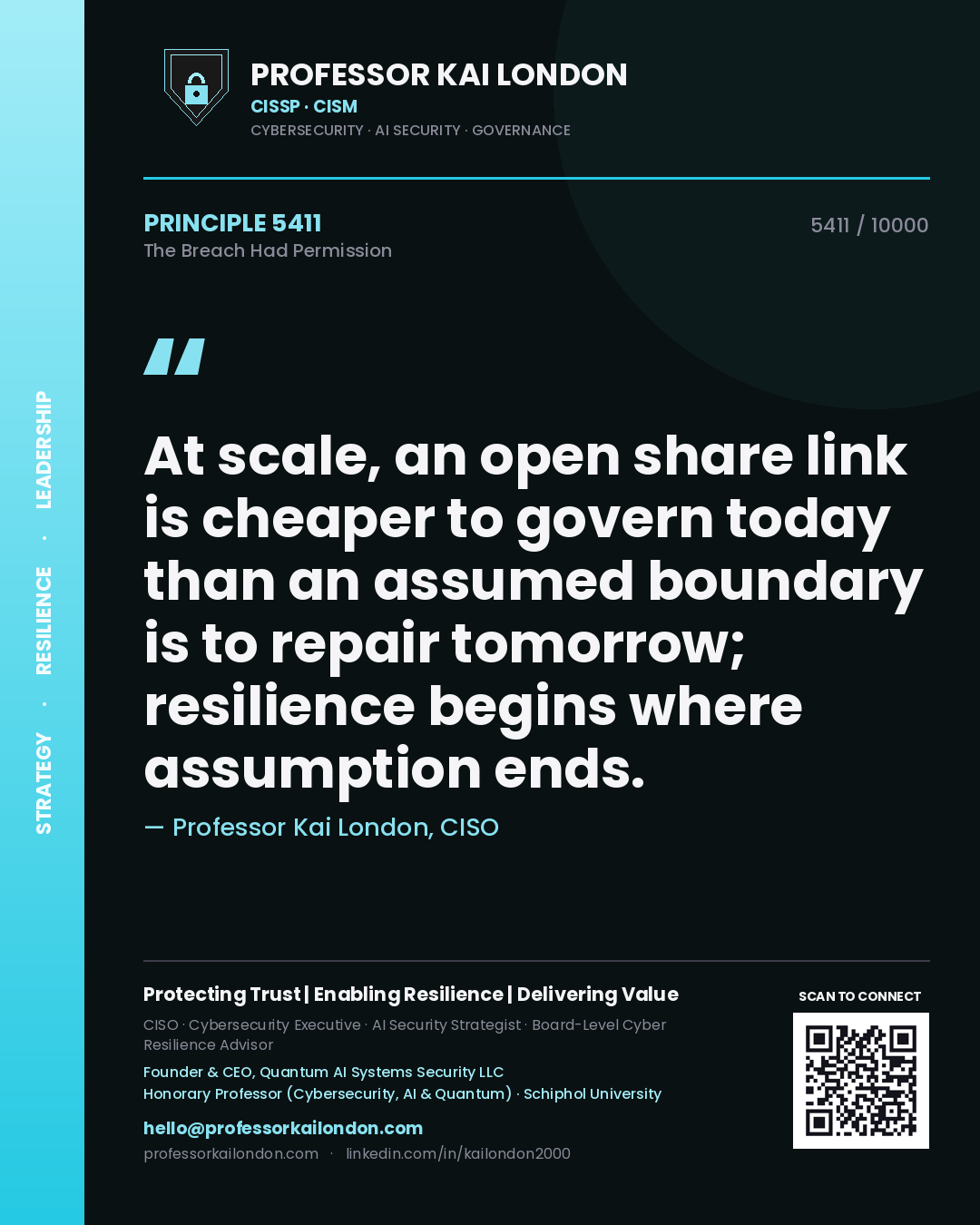 Professor Kai London principle 5411: At scale, an open share link is cheaper to govern today than an assumed boundary is to repair tomorrow; resilience begins where assumption ends.