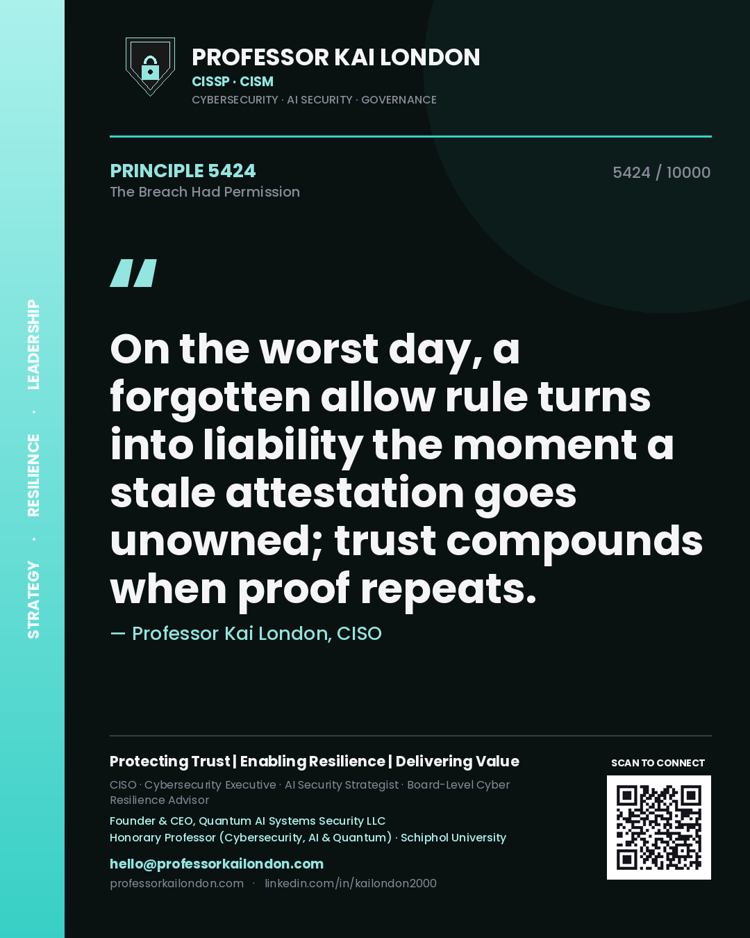 Professor Kai London principle 5424: On the worst day, a forgotten allow rule turns into liability the moment a stale attestation goes unowned; trust compounds when proof repeats.