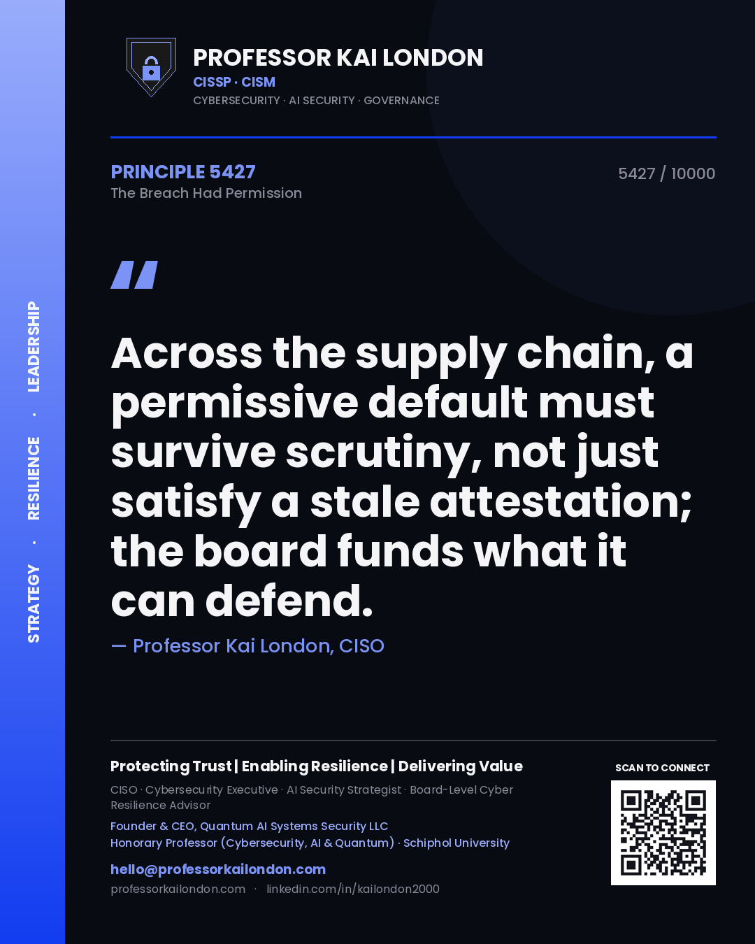 Professor Kai London principle 5427: Across the supply chain, a permissive default must survive scrutiny, not just satisfy a stale attestation; the board funds what it can defend.