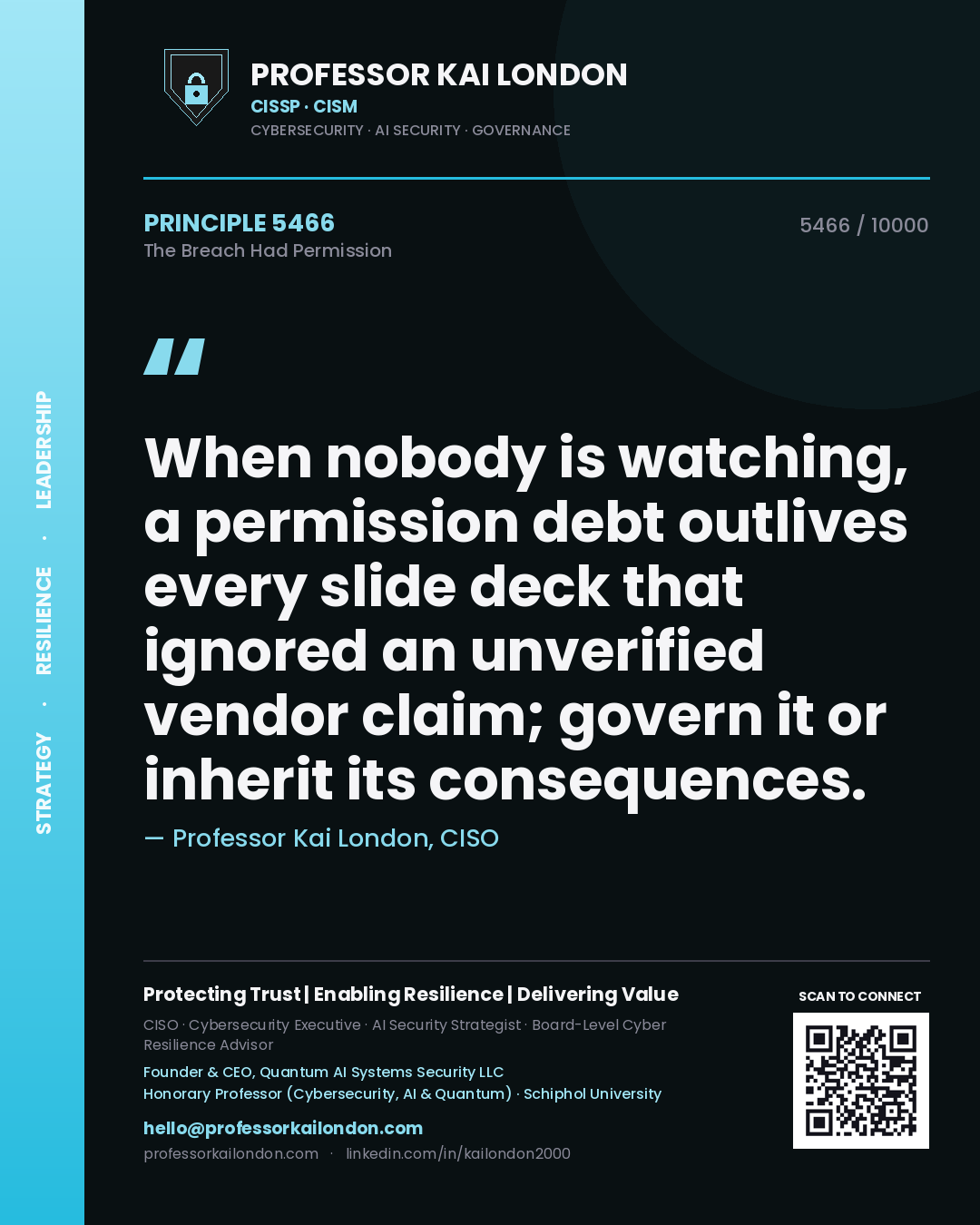 Professor Kai London principle 5466: When nobody is watching, a permission debt outlives every slide deck that ignored an unverified vendor claim; govern it or inherit its consequences.