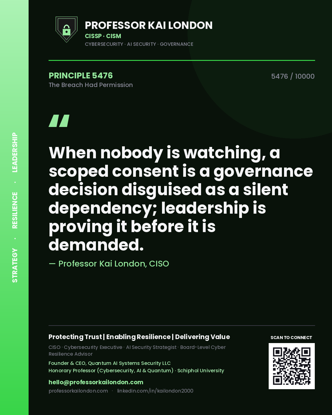 Professor Kai London principle 5476: When nobody is watching, a scoped consent is a governance decision disguised as a silent dependency; leadership is proving it before it is demanded.