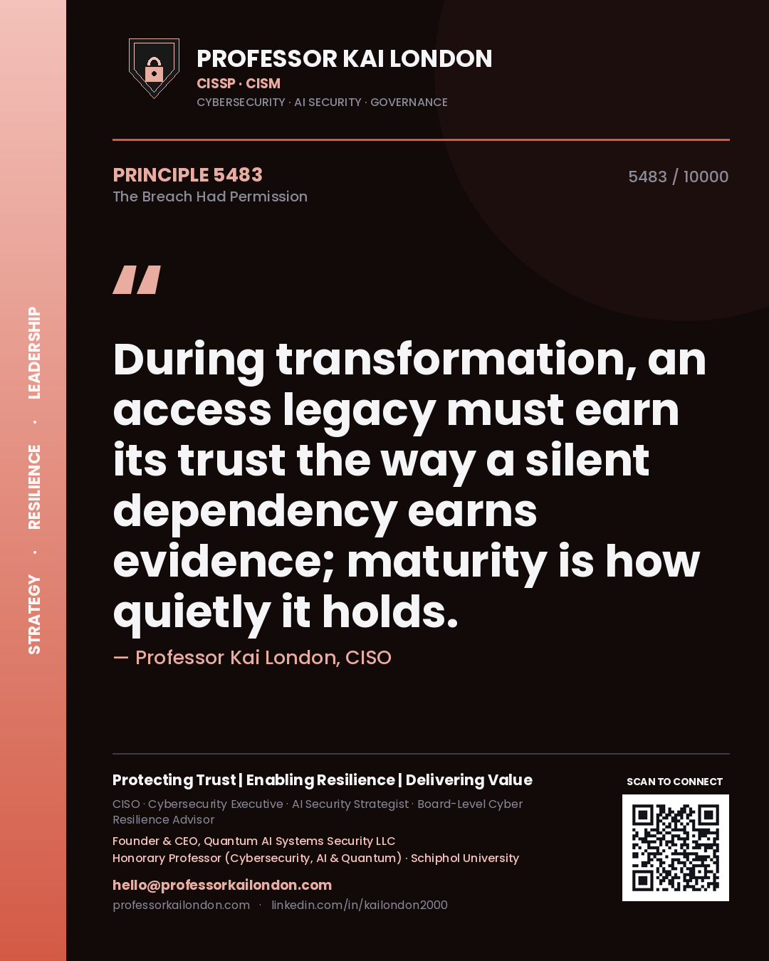 Professor Kai London principle 5483: During transformation, an access legacy must earn its trust the way a silent dependency earns evidence; maturity is how quietly it holds.
