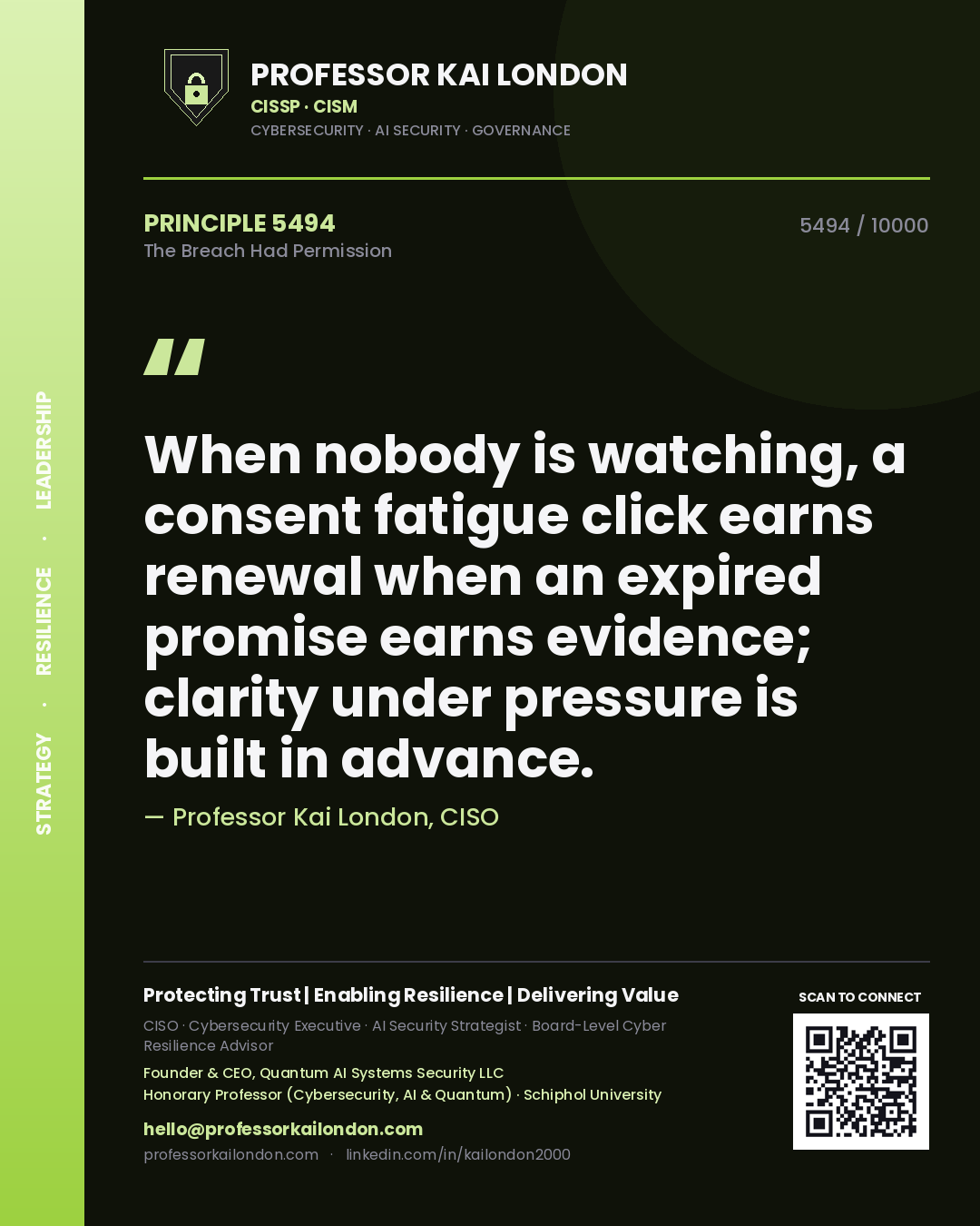 Professor Kai London principle 5494: When nobody is watching, a consent fatigue click earns renewal when an expired promise earns evidence; clarity under pressure is built in advance.