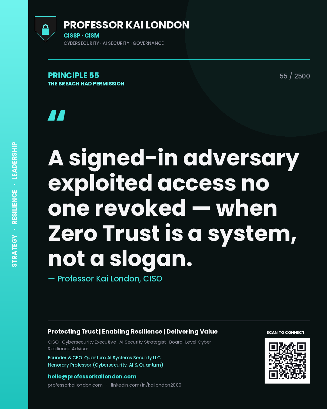 Professor Kai London principle 55: A signed-in adversary exploited access no one revoked — when Zero Trust is a system, not a slogan.