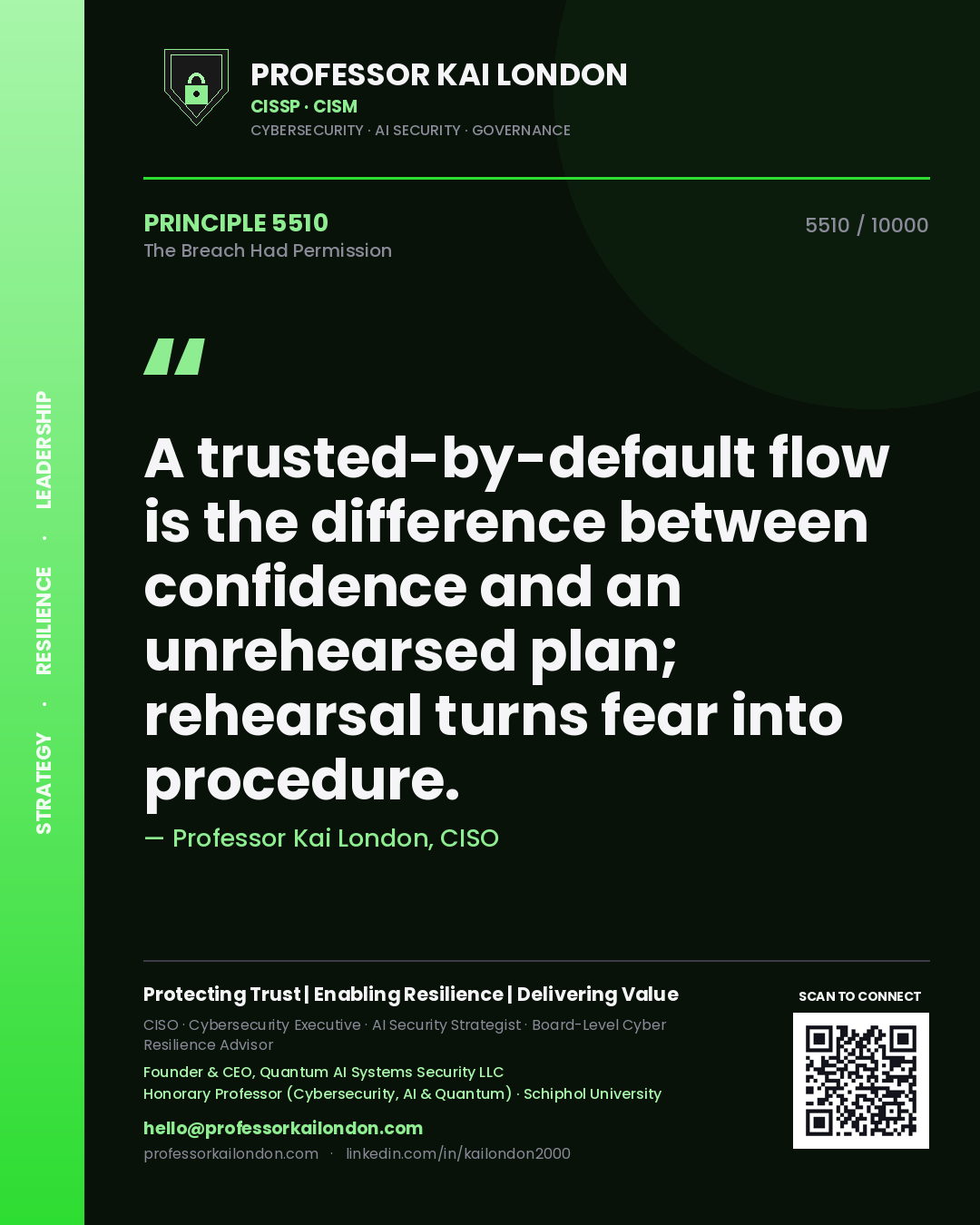 Professor Kai London principle 5510: A trusted-by-default flow is the difference between confidence and an unrehearsed plan; rehearsal turns fear into procedure.