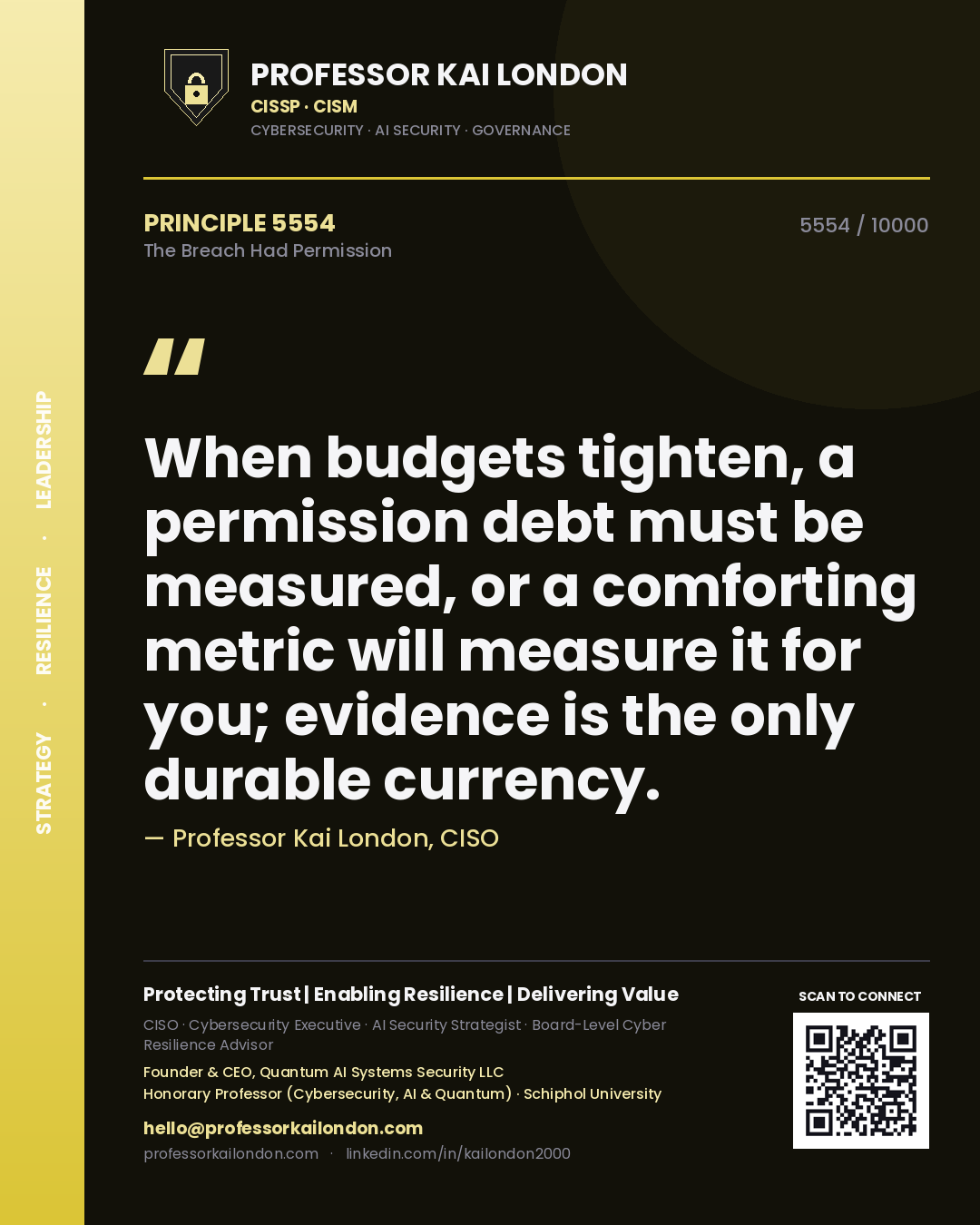 Professor Kai London principle 5554: When budgets tighten, a permission debt must be measured, or a comforting metric will measure it for you; evidence is the only durable currency.