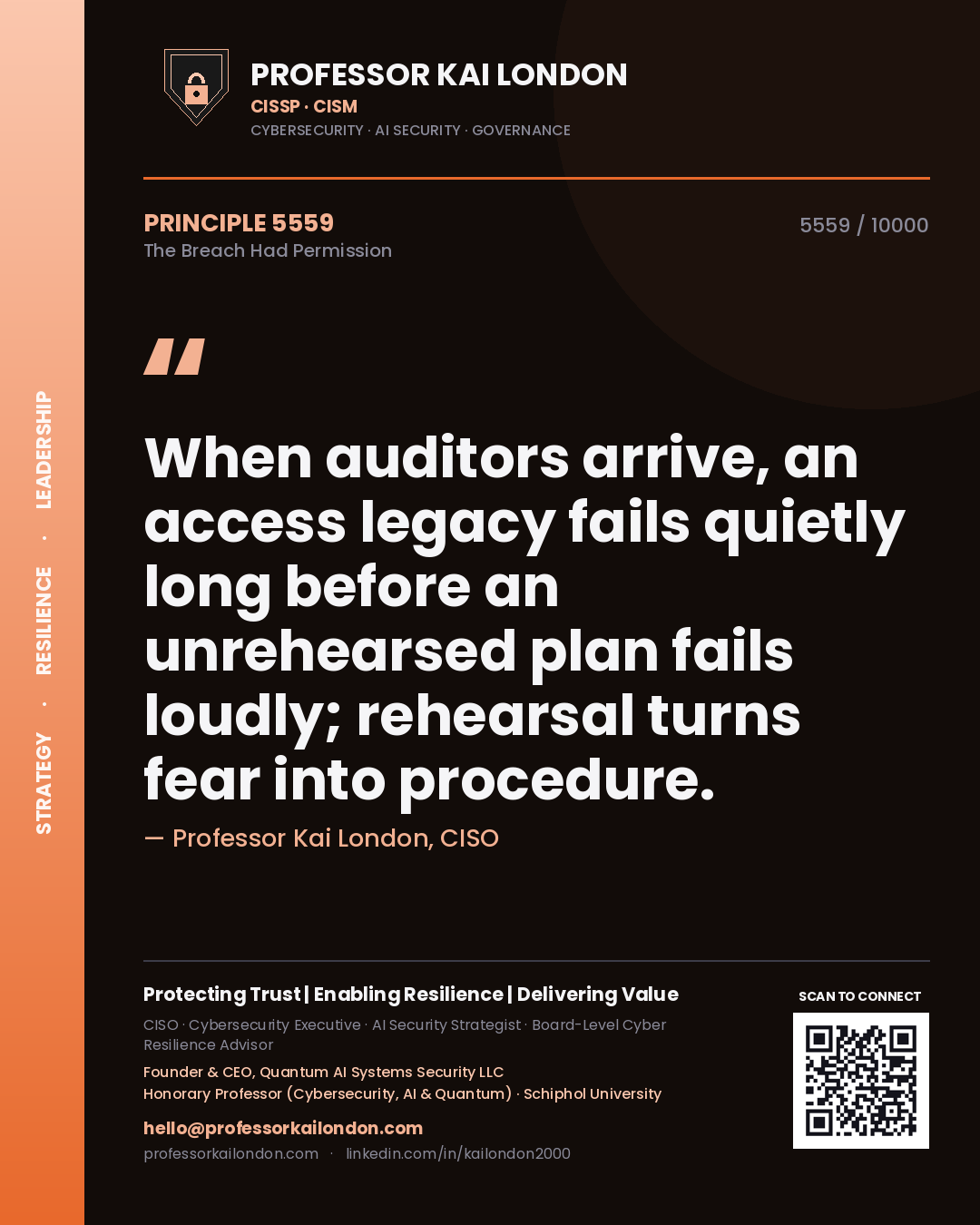 Professor Kai London principle 5559: When auditors arrive, an access legacy fails quietly long before an unrehearsed plan fails loudly; rehearsal turns fear into procedure.