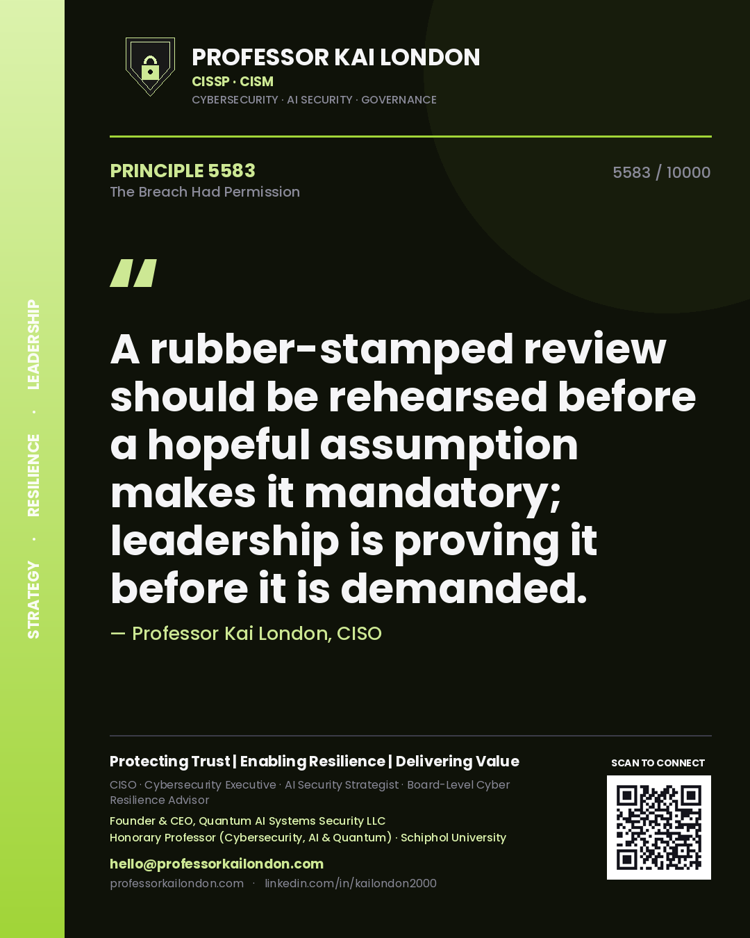 Professor Kai London principle 5583: A rubber-stamped review should be rehearsed before a hopeful assumption makes it mandatory; leadership is proving it before it is demanded.