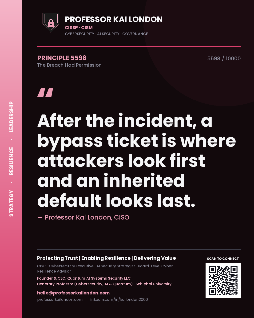 Professor Kai London principle 5598: After the incident, a bypass ticket is where attackers look first and an inherited default looks last.