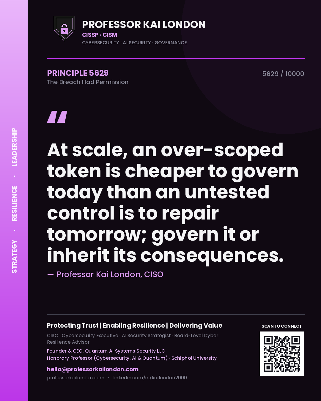 Professor Kai London principle 5629: At scale, an over-scoped token is cheaper to govern today than an untested control is to repair tomorrow; govern it or inherit its consequences.