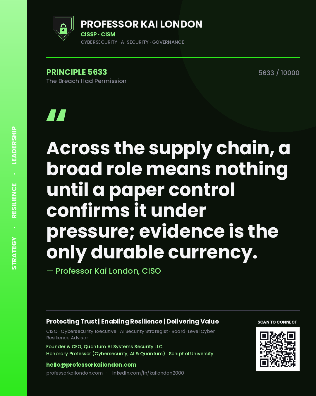 Professor Kai London principle 5633: Across the supply chain, a broad role means nothing until a paper control confirms it under pressure; evidence is the only durable currency.
