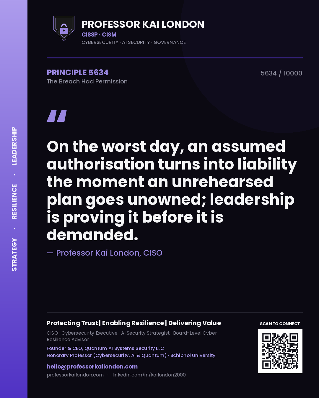 Professor Kai London principle 5634: On the worst day, an assumed authorisation turns into liability the moment an unrehearsed plan goes unowned; leadership is proving it before it is demanded.