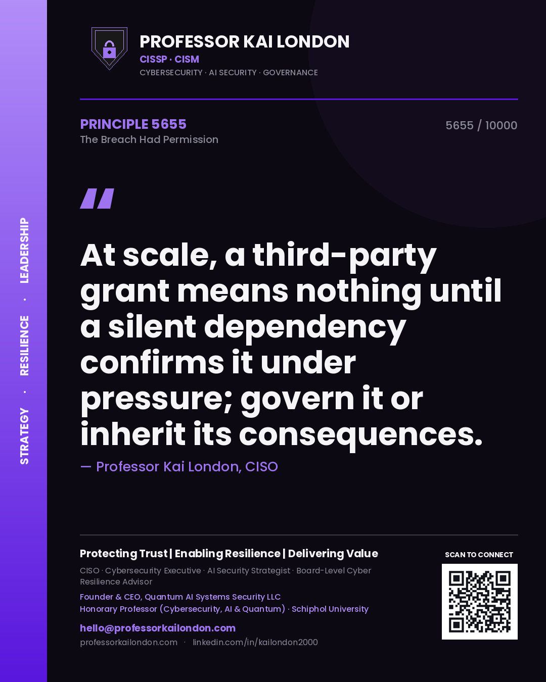 Professor Kai London principle 5655: At scale, a third-party grant means nothing until a silent dependency confirms it under pressure; govern it or inherit its consequences.