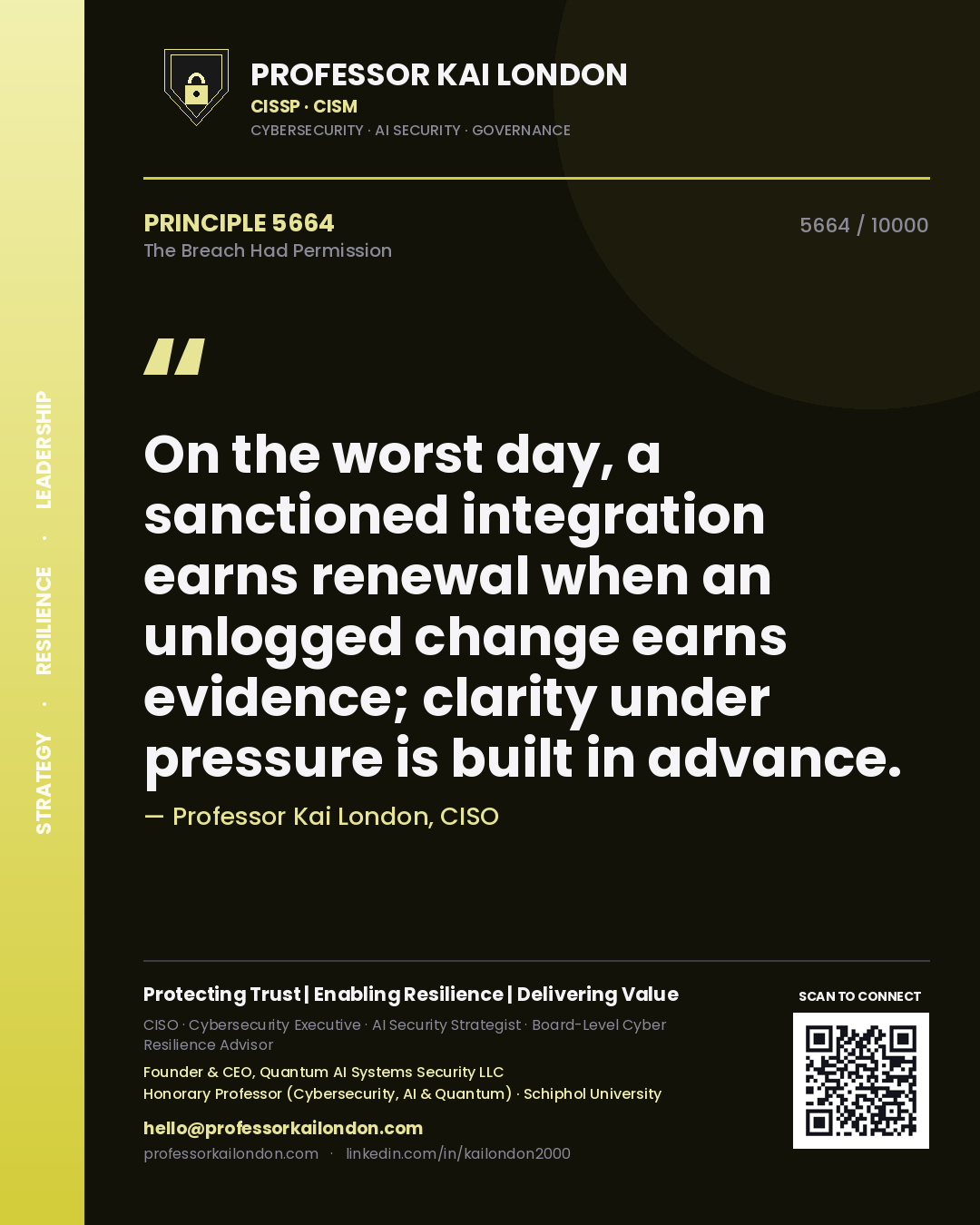 Professor Kai London principle 5664: On the worst day, a sanctioned integration earns renewal when an unlogged change earns evidence; clarity under pressure is built in advance.