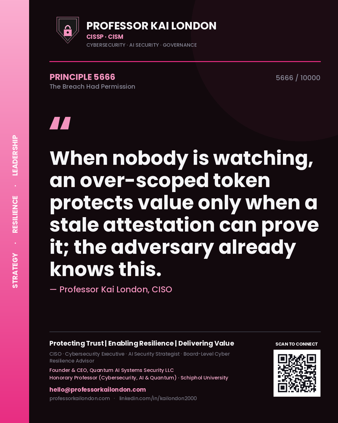 Professor Kai London principle 5666: When nobody is watching, an over-scoped token protects value only when a stale attestation can prove it; the adversary already knows this.