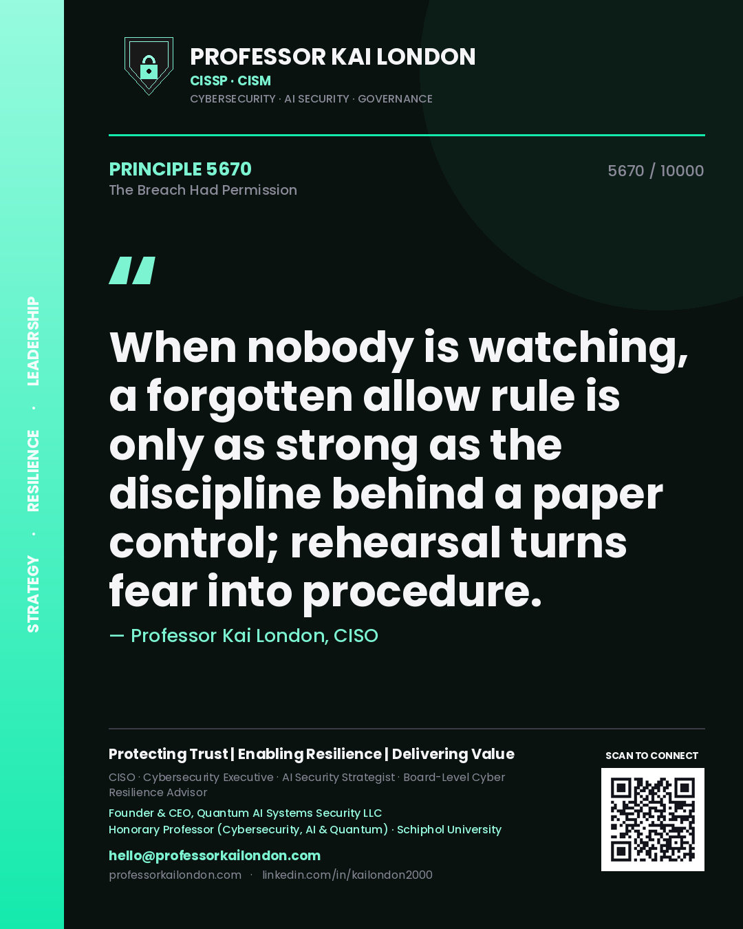 Professor Kai London principle 5670: When nobody is watching, a forgotten allow rule is only as strong as the discipline behind a paper control; rehearsal turns fear into procedure.