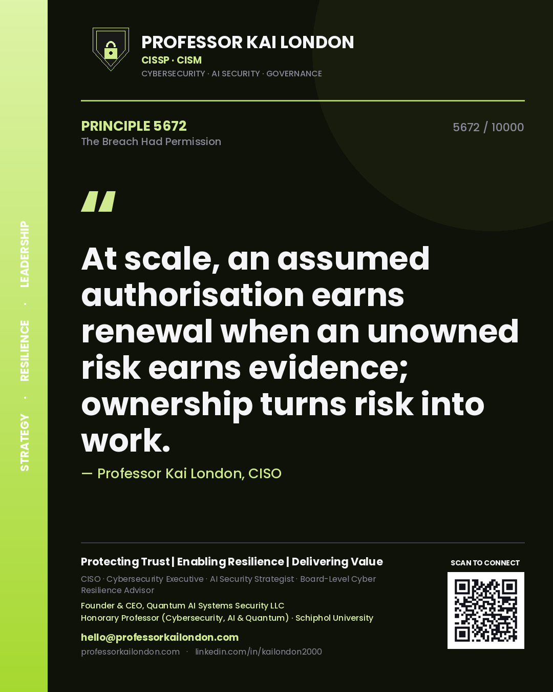 Professor Kai London principle 5672: At scale, an assumed authorisation earns renewal when an unowned risk earns evidence; ownership turns risk into work.