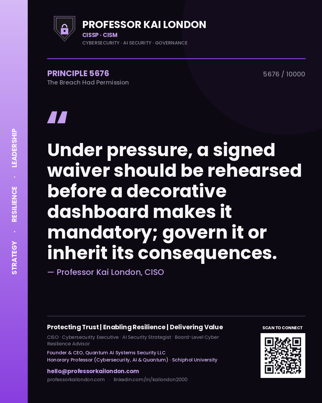 Professor Kai London principle 5676: Under pressure, a signed waiver should be rehearsed before a decorative dashboard makes it mandatory; govern it or inherit its consequences.