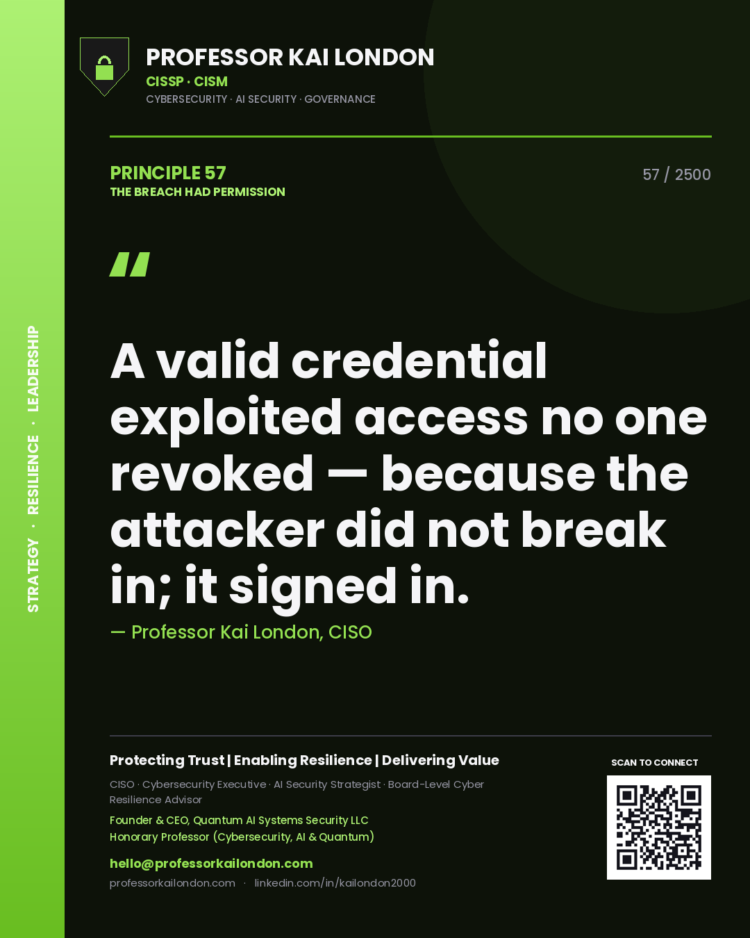 Professor Kai London principle 57: A valid credential exploited access no one revoked — because the attacker did not break in; it signed in.