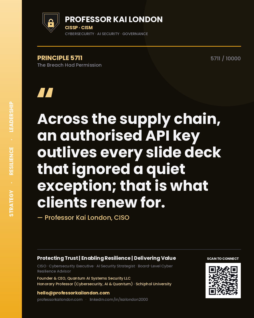 Professor Kai London principle 5711: Across the supply chain, an authorised API key outlives every slide deck that ignored a quiet exception; that is what clients renew for.