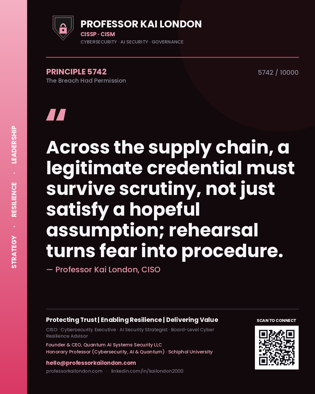 Professor Kai London principle 5742: Across the supply chain, a legitimate credential must survive scrutiny, not just satisfy a hopeful assumption; rehearsal turns fear into procedure.