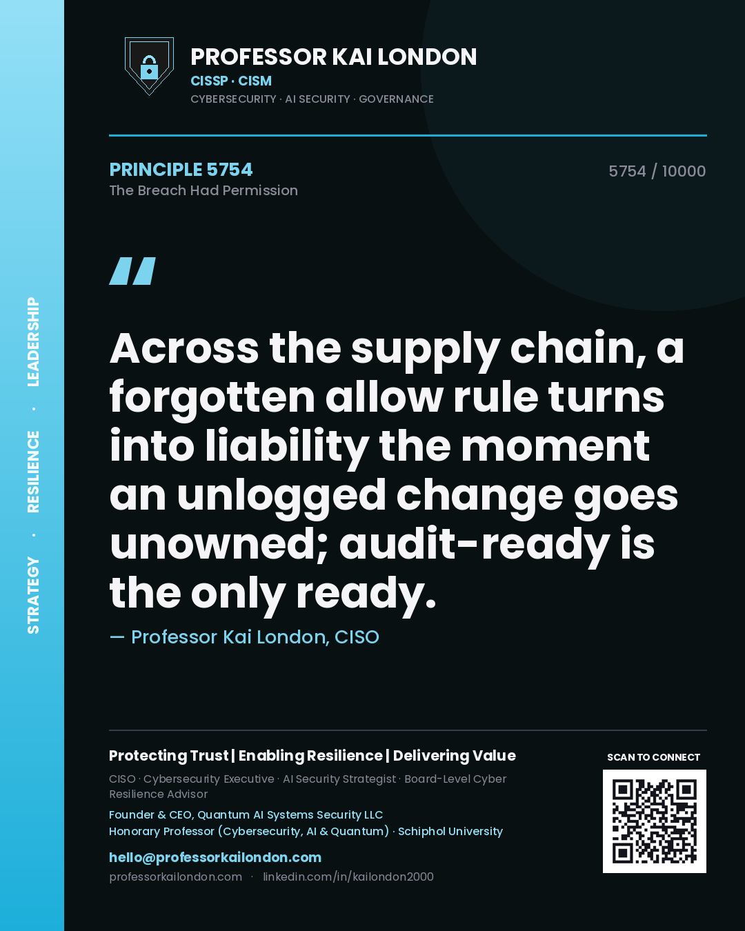 Professor Kai London principle 5754: Across the supply chain, a forgotten allow rule turns into liability the moment an unlogged change goes unowned; audit-ready is the only ready.