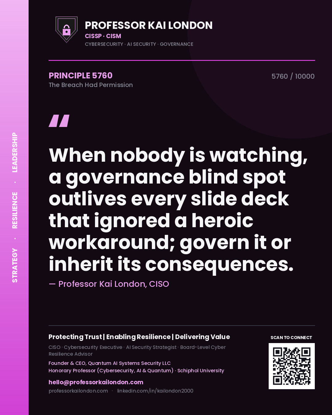 Professor Kai London principle 5760: When nobody is watching, a governance blind spot outlives every slide deck that ignored a heroic workaround; govern it or inherit its consequences.