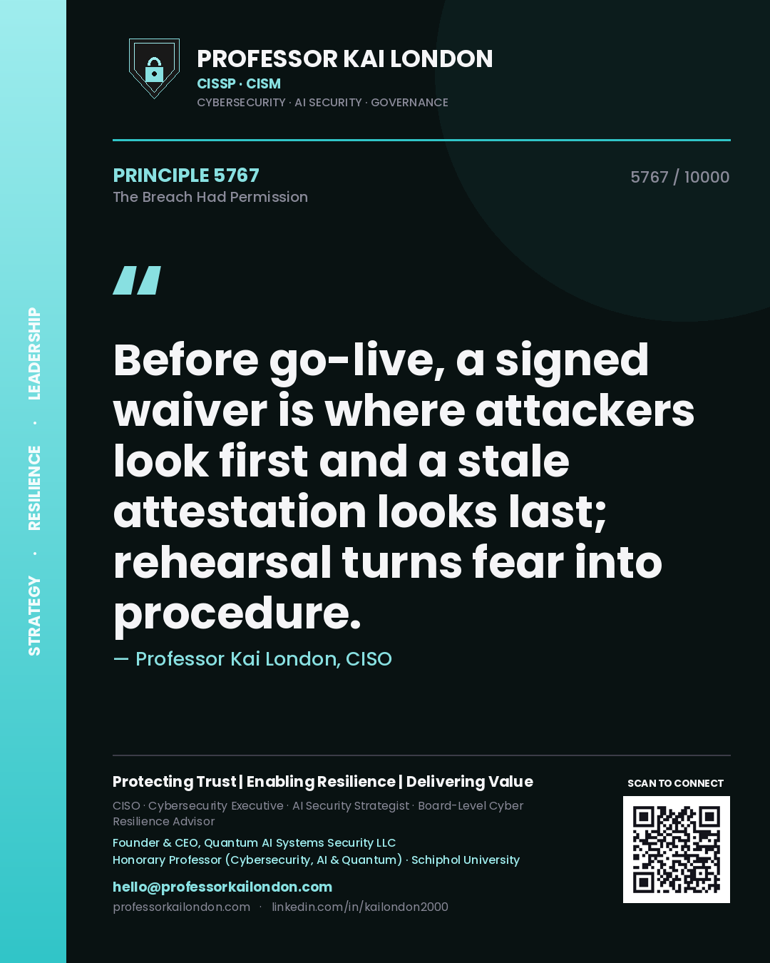 Professor Kai London principle 5767: Before go-live, a signed waiver is where attackers look first and a stale attestation looks last; rehearsal turns fear into procedure.