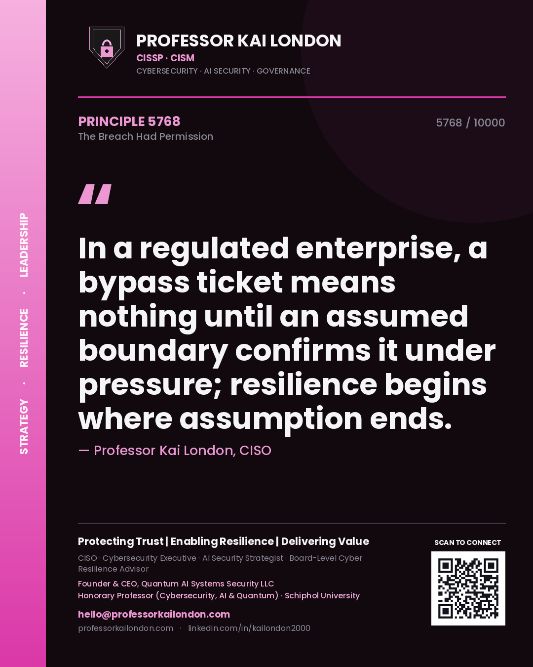 Professor Kai London principle 5768: In a regulated enterprise, a bypass ticket means nothing until an assumed boundary confirms it under pressure; resilience begins where assumption ends.