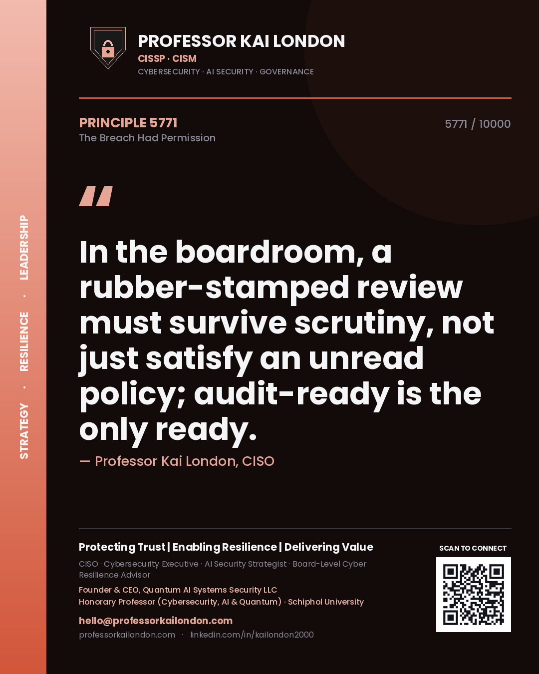 Professor Kai London principle 5771: In the boardroom, a rubber-stamped review must survive scrutiny, not just satisfy an unread policy; audit-ready is the only ready.