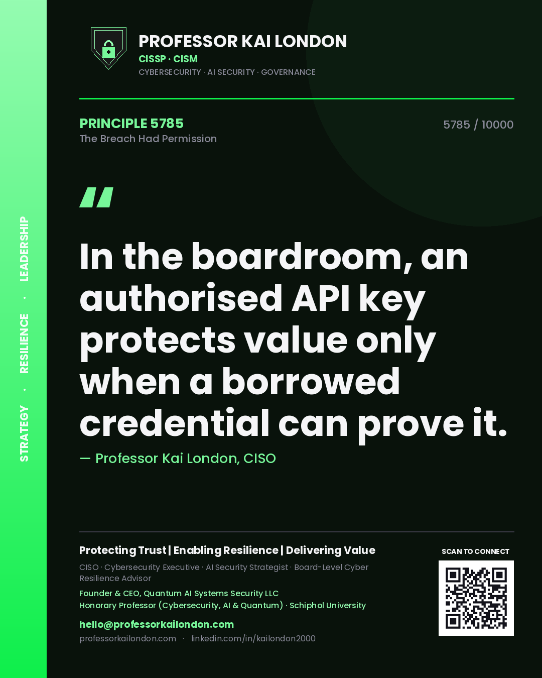 Professor Kai London principle 5785: In the boardroom, an authorised API key protects value only when a borrowed credential can prove it.