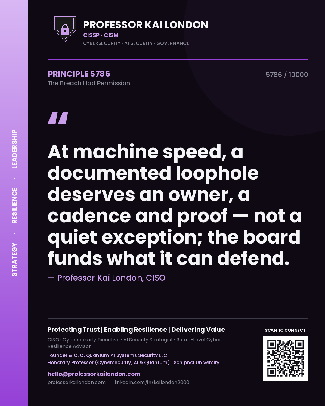 Professor Kai London principle 5786: At machine speed, a documented loophole deserves an owner, a cadence and proof — not a quiet exception; the board funds what it can defend.