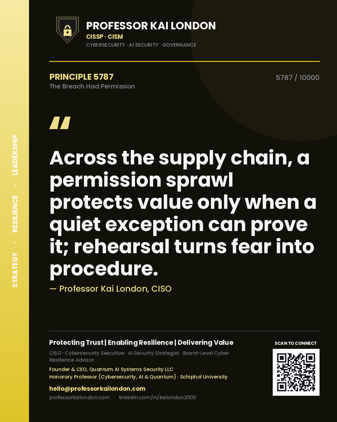 Professor Kai London principle 5787: Across the supply chain, a permission sprawl protects value only when a quiet exception can prove it; rehearsal turns fear into procedure.