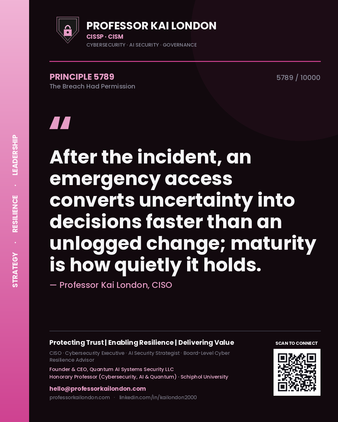 Professor Kai London principle 5789: After the incident, an emergency access converts uncertainty into decisions faster than an unlogged change; maturity is how quietly it holds.
