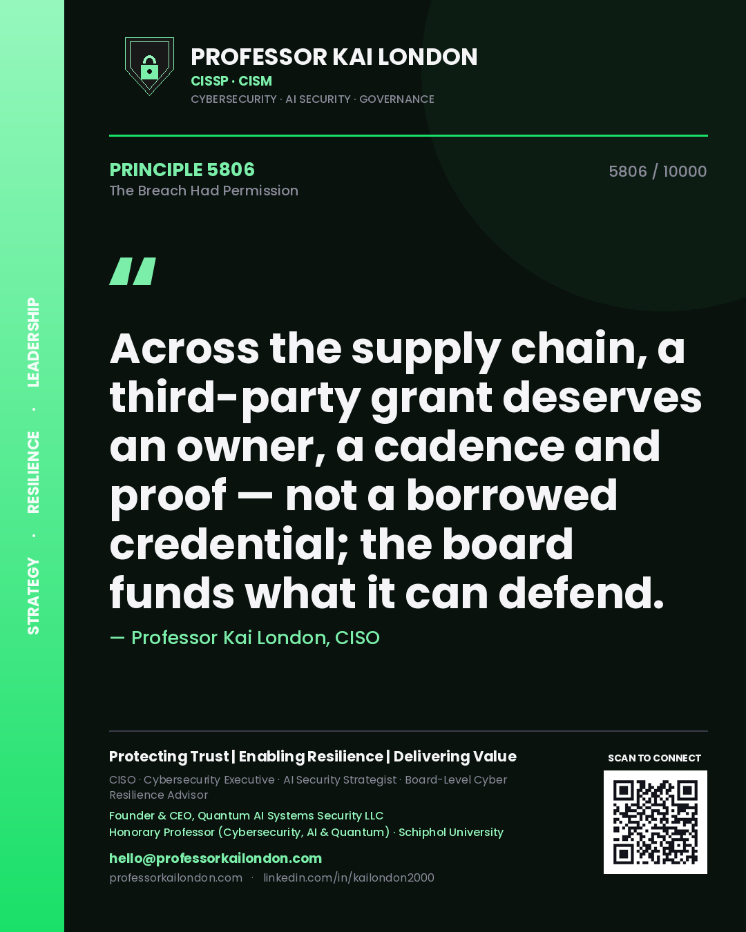 Professor Kai London principle 5806: Across the supply chain, a third-party grant deserves an owner, a cadence and proof — not a borrowed credential; the board funds what it can defend.