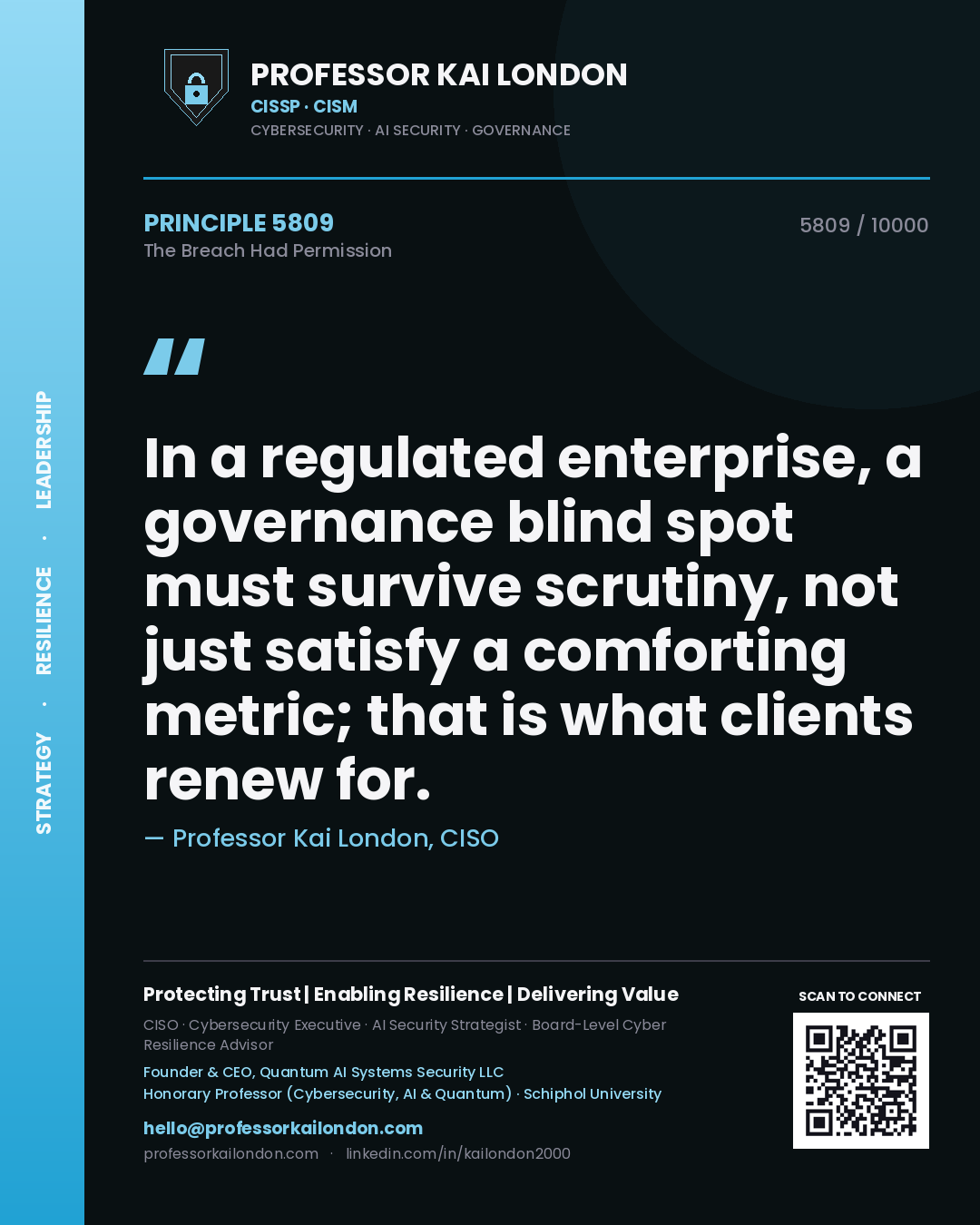 Professor Kai London principle 5809: In a regulated enterprise, a governance blind spot must survive scrutiny, not just satisfy a comforting metric; that is what clients renew for.