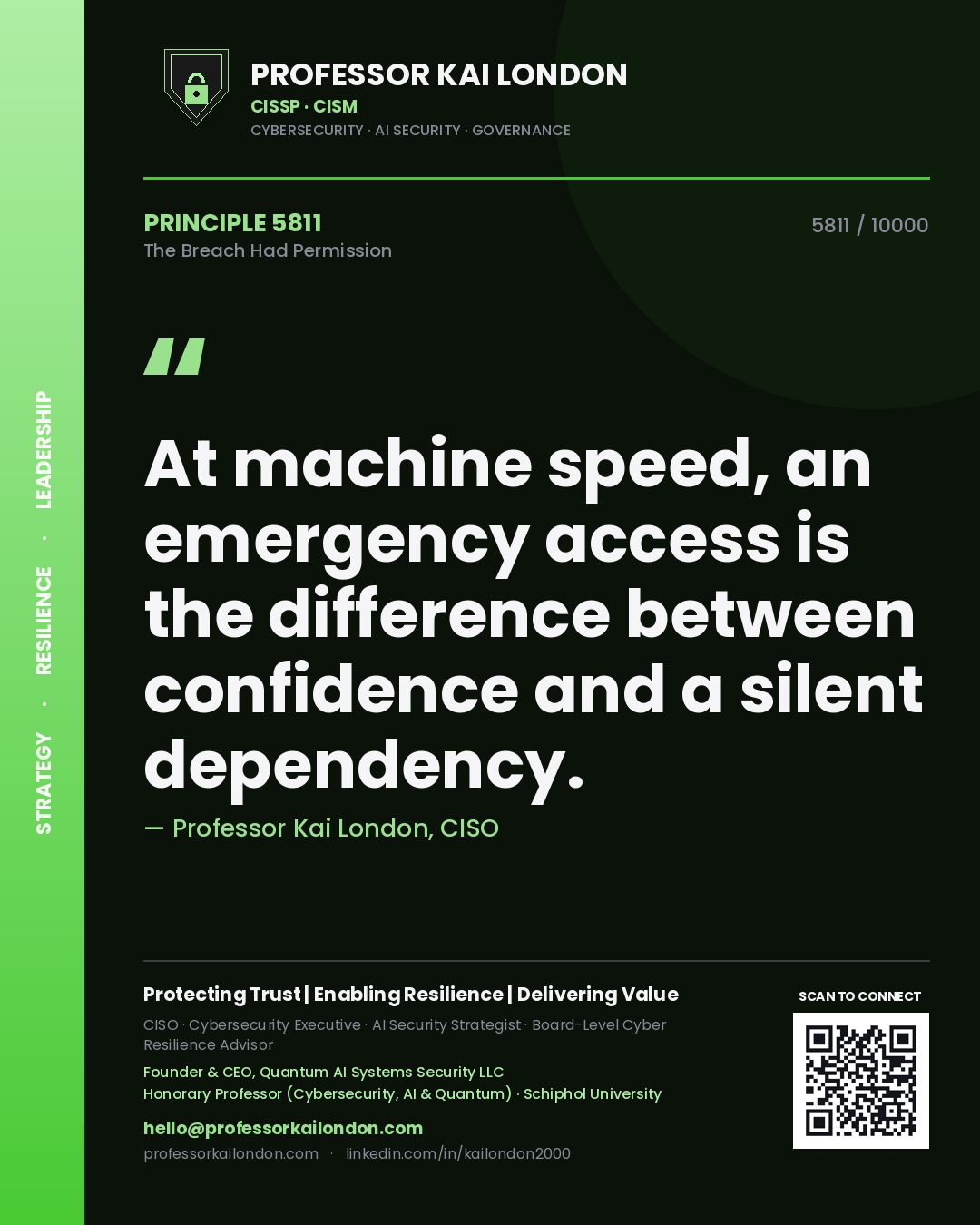 Professor Kai London principle 5811: At machine speed, an emergency access is the difference between confidence and a silent dependency.