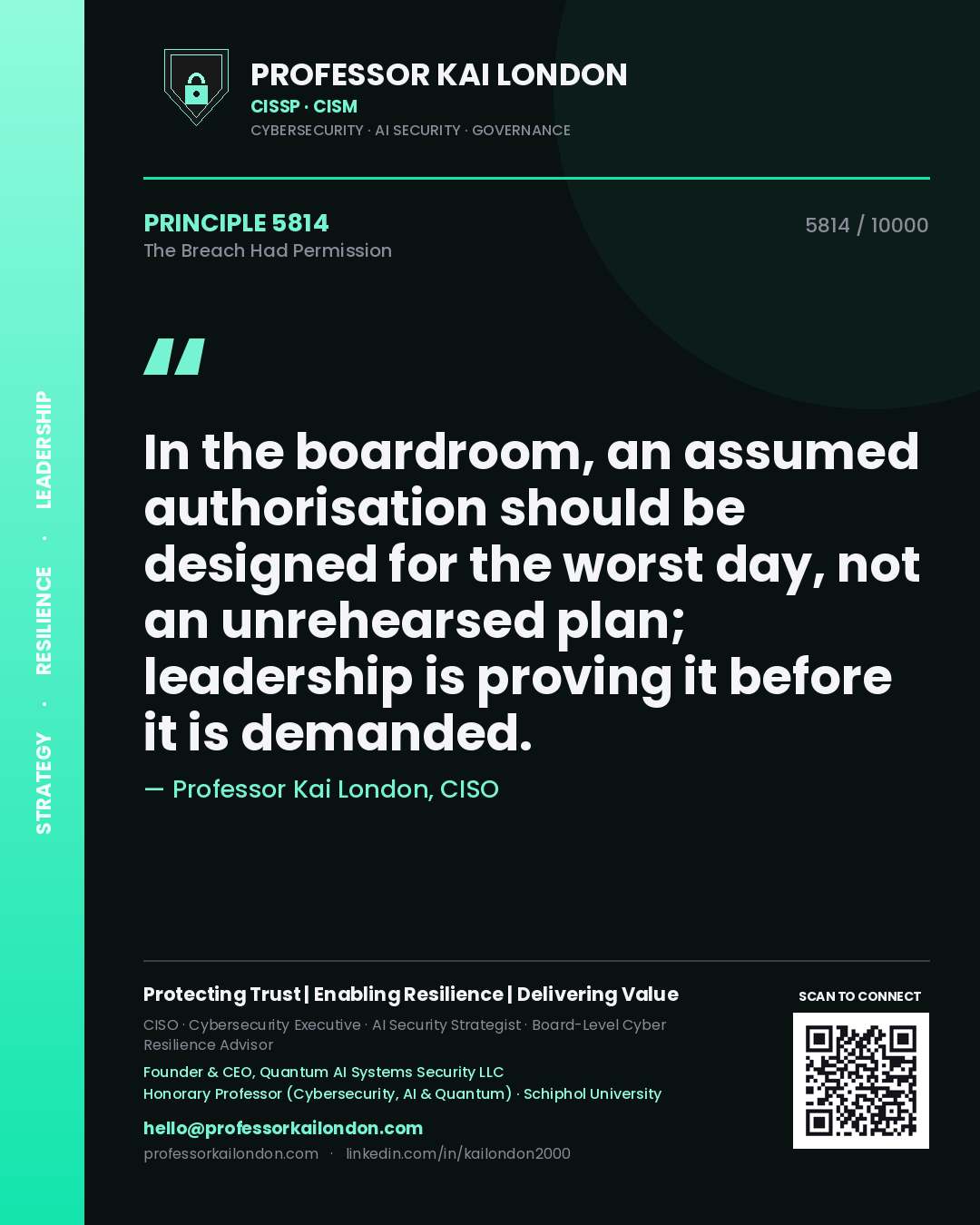 Professor Kai London principle 5814: In the boardroom, an assumed authorisation should be designed for the worst day, not an unrehearsed plan; leadership is proving it before it is demanded.
