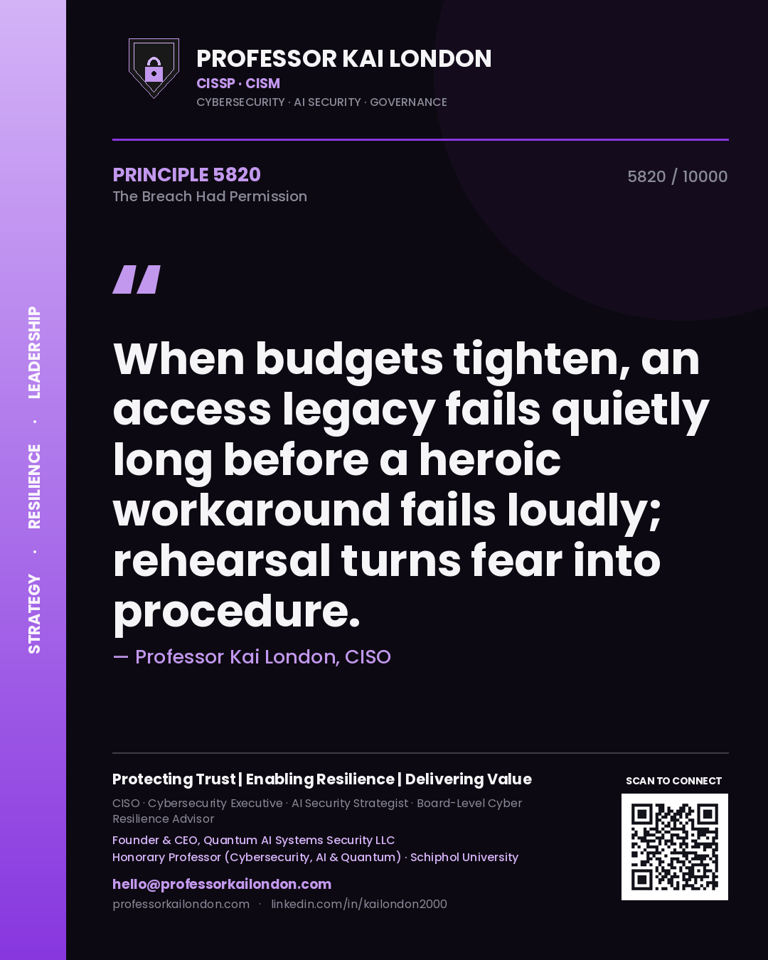 Professor Kai London principle 5820: When budgets tighten, an access legacy fails quietly long before a heroic workaround fails loudly; rehearsal turns fear into procedure.