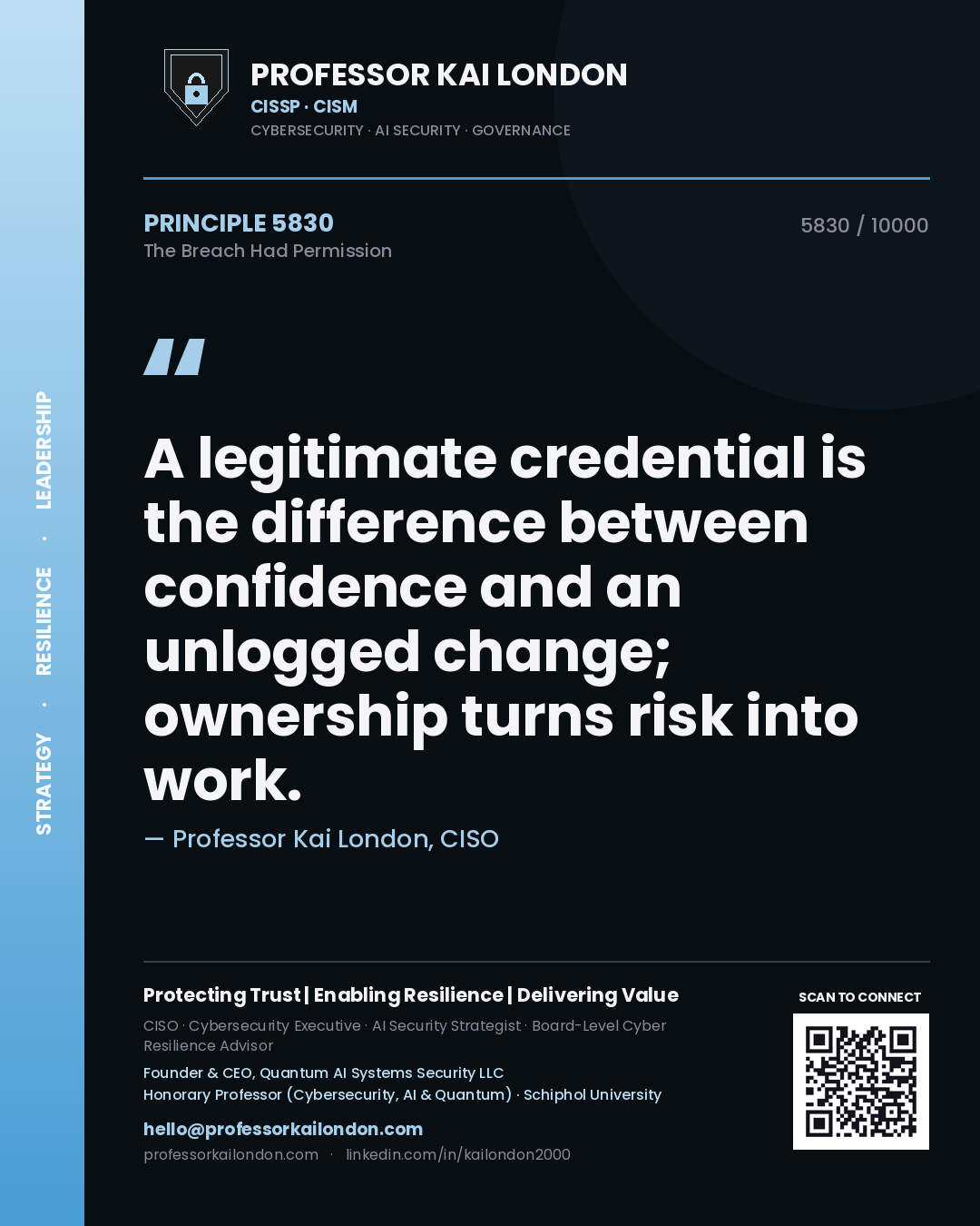 Professor Kai London principle 5830: A legitimate credential is the difference between confidence and an unlogged change; ownership turns risk into work.