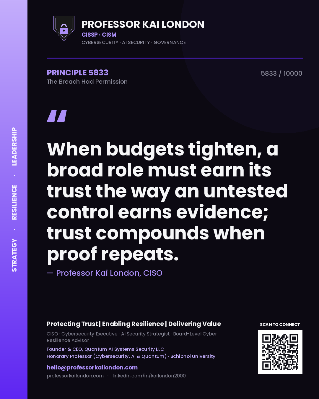 Professor Kai London principle 5833: When budgets tighten, a broad role must earn its trust the way an untested control earns evidence; trust compounds when proof repeats.