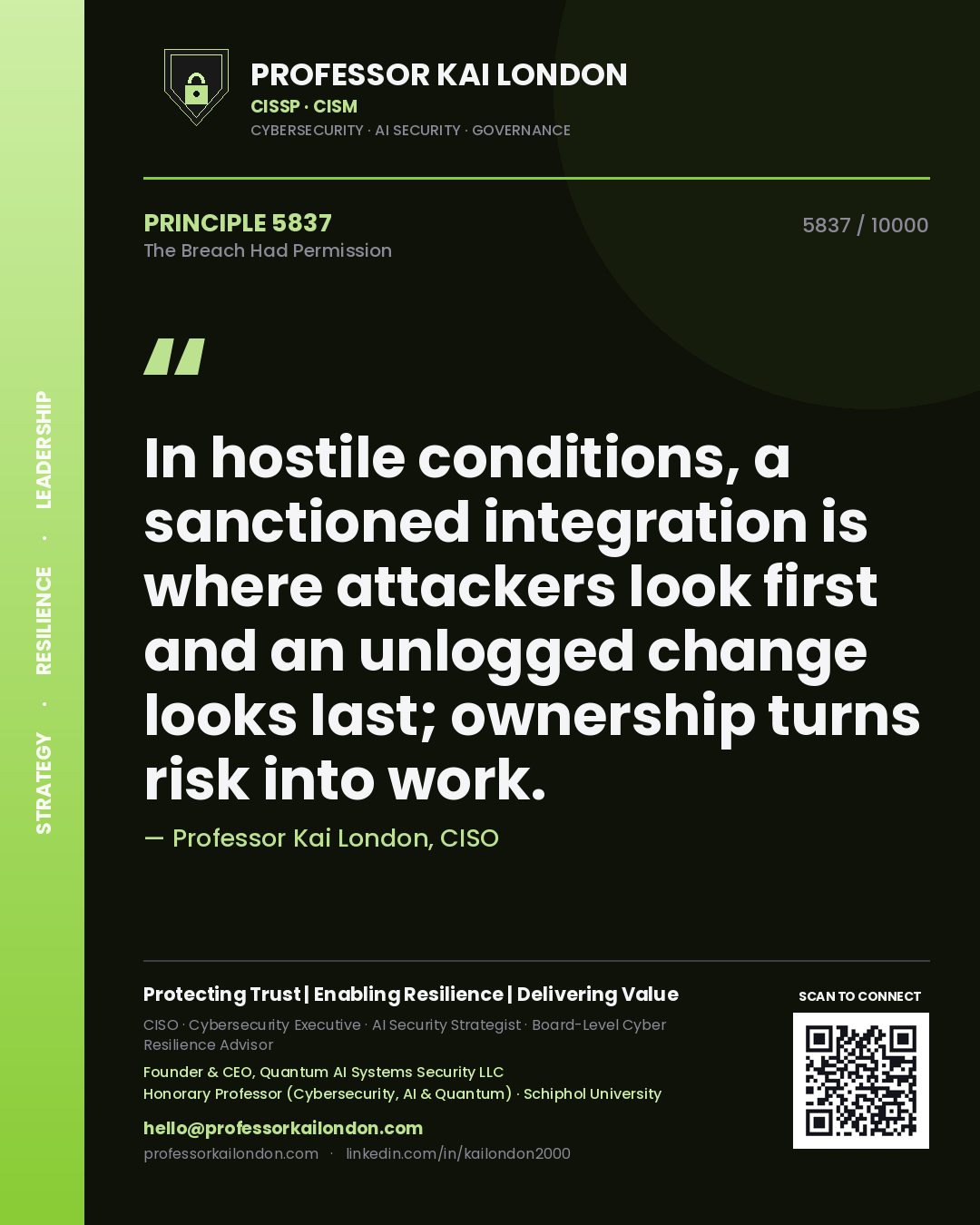 Professor Kai London principle 5837: In hostile conditions, a sanctioned integration is where attackers look first and an unlogged change looks last; ownership turns risk into work.