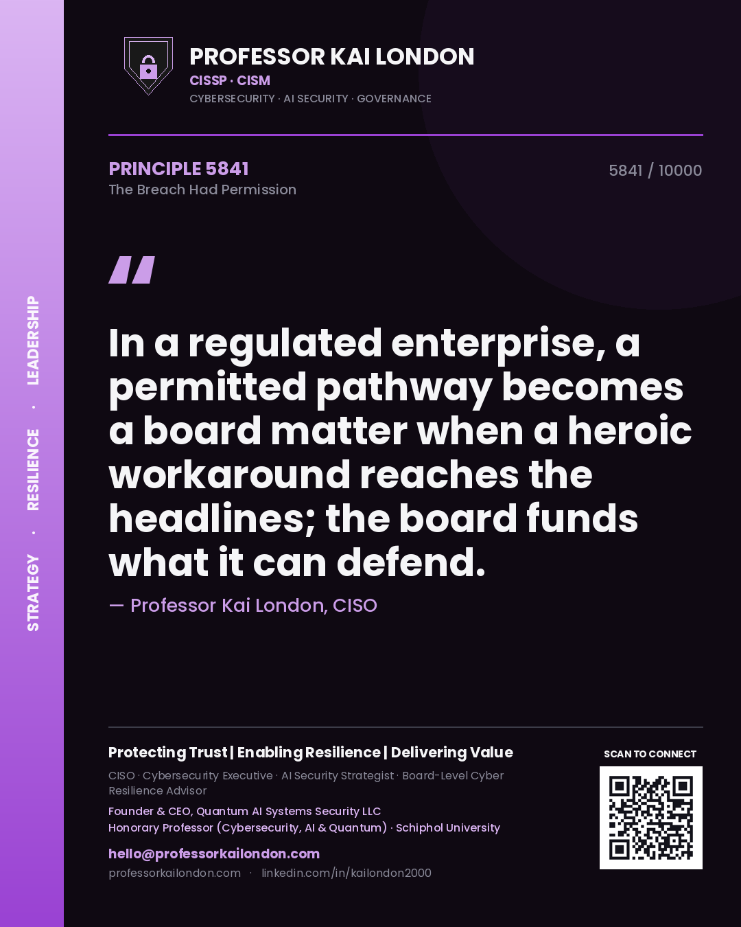 Professor Kai London principle 5841: In a regulated enterprise, a permitted pathway becomes a board matter when a heroic workaround reaches the headlines; the board funds what it can defend.