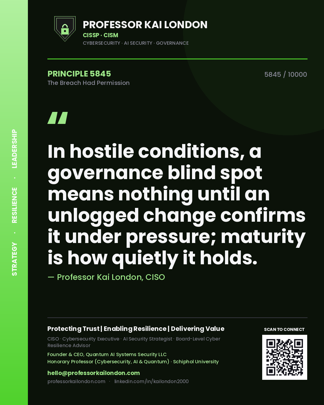 Professor Kai London principle 5845: In hostile conditions, a governance blind spot means nothing until an unlogged change confirms it under pressure; maturity is how quietly it holds.