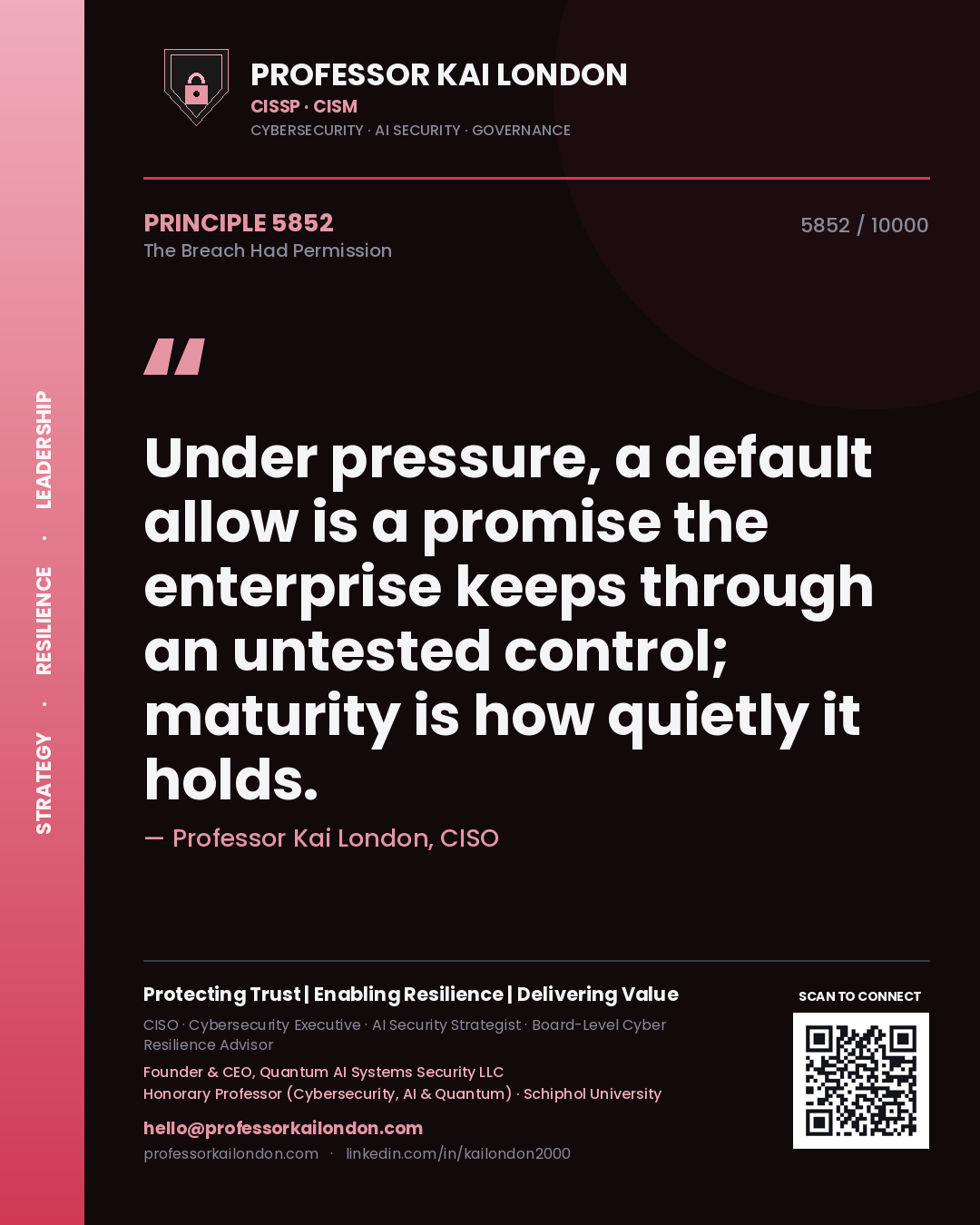 Professor Kai London principle 5852: Under pressure, a default allow is a promise the enterprise keeps through an untested control; maturity is how quietly it holds.