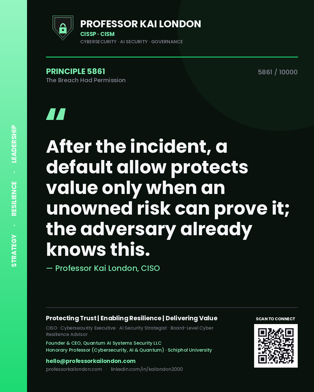 Professor Kai London principle 5861: After the incident, a default allow protects value only when an unowned risk can prove it; the adversary already knows this.