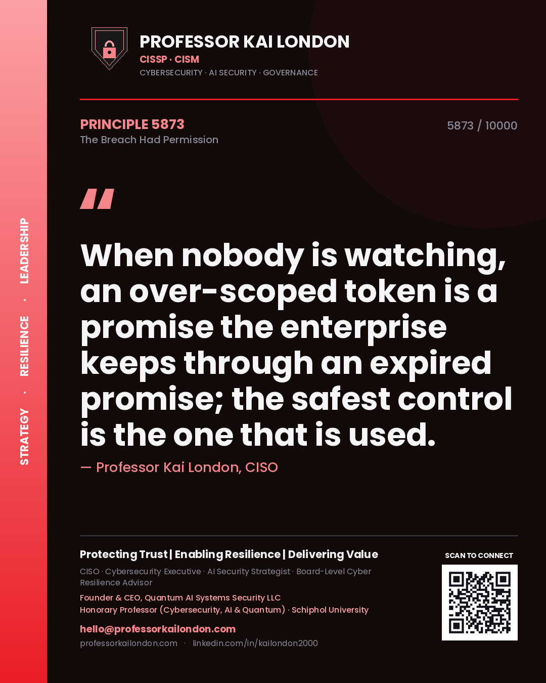 Professor Kai London principle 5873: When nobody is watching, an over-scoped token is a promise the enterprise keeps through an expired promise; the safest control is the one that is used.