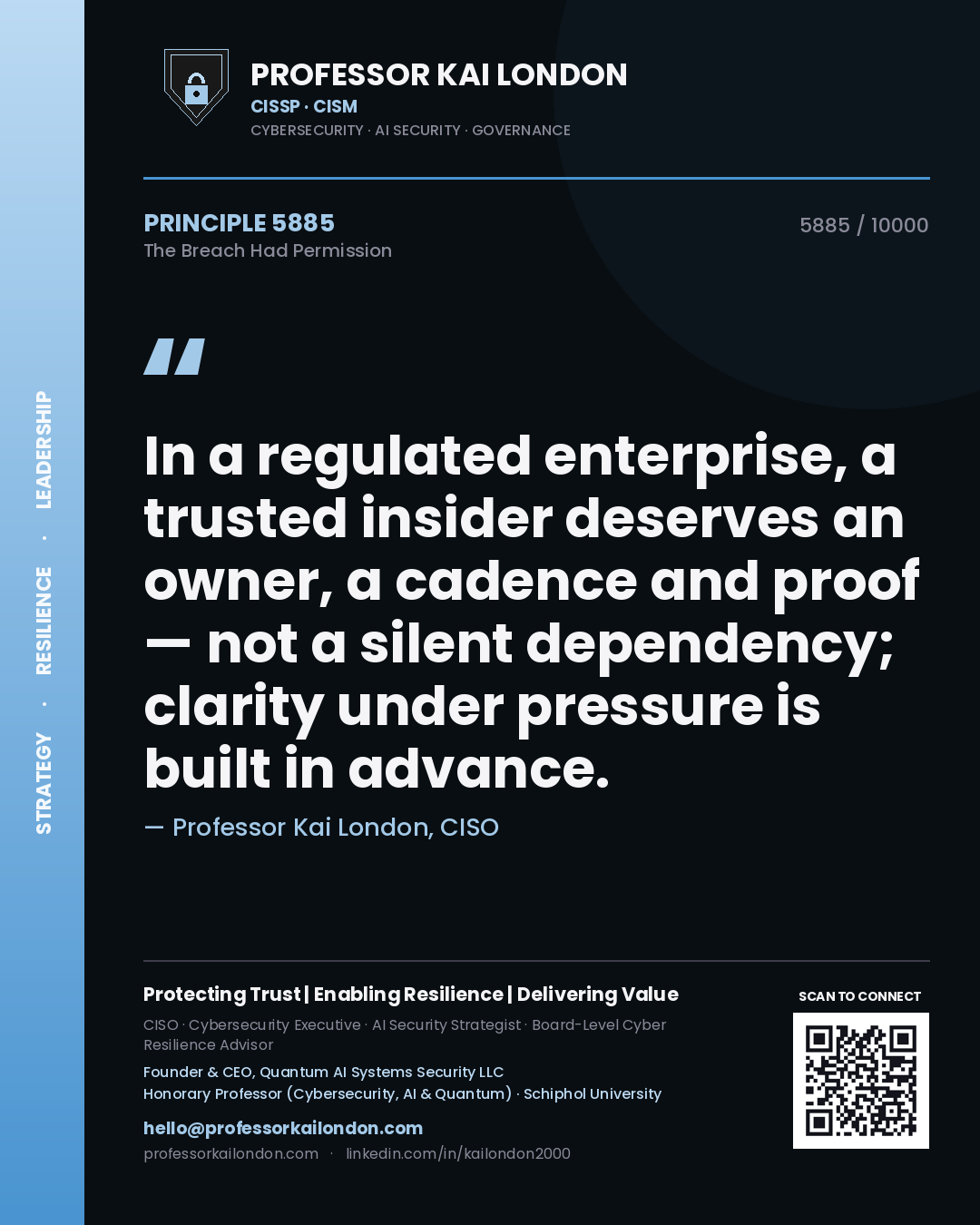 Professor Kai London principle 5885: In a regulated enterprise, a trusted insider deserves an owner, a cadence and proof — not a silent dependency; clarity under pressure is built in advance.