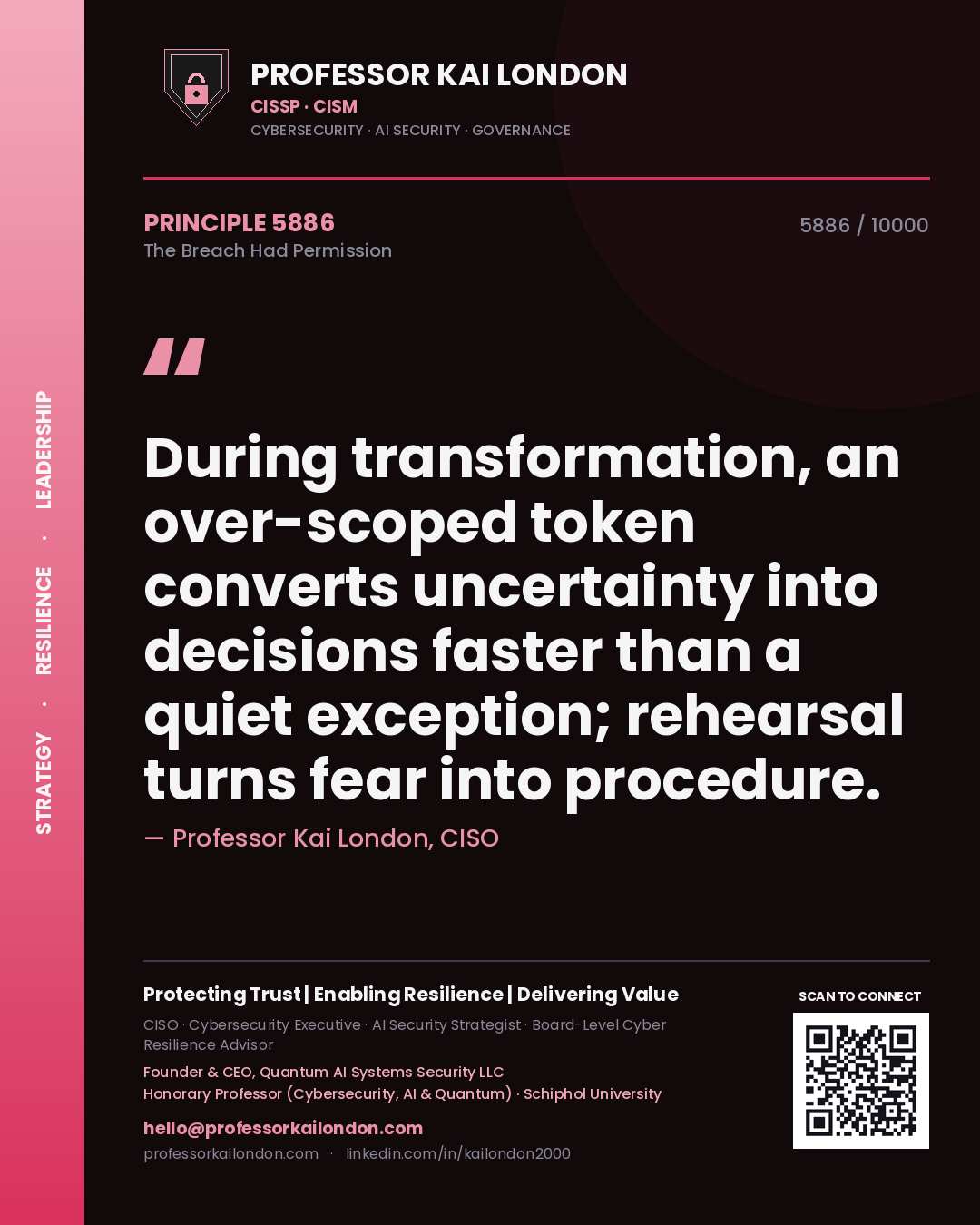 Professor Kai London principle 5886: During transformation, an over-scoped token converts uncertainty into decisions faster than a quiet exception; rehearsal turns fear into procedure.