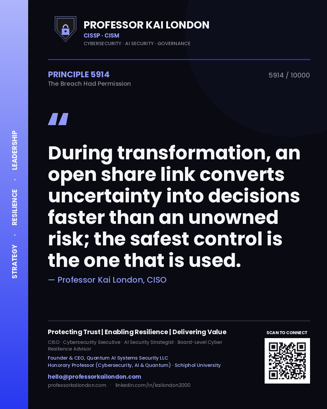 Professor Kai London principle 5914: During transformation, an open share link converts uncertainty into decisions faster than an unowned risk; the safest control is the one that is used.